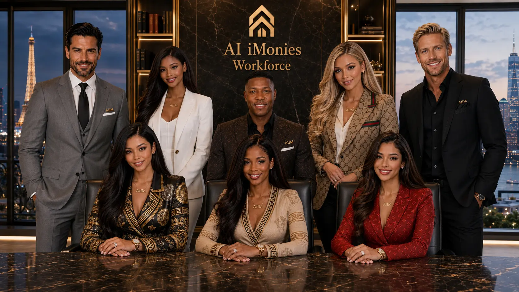 The AI I MONIES Workforce — Roxanne, Maya, Kim, Sophie, Cleo, Julio, Richard, and I.M.